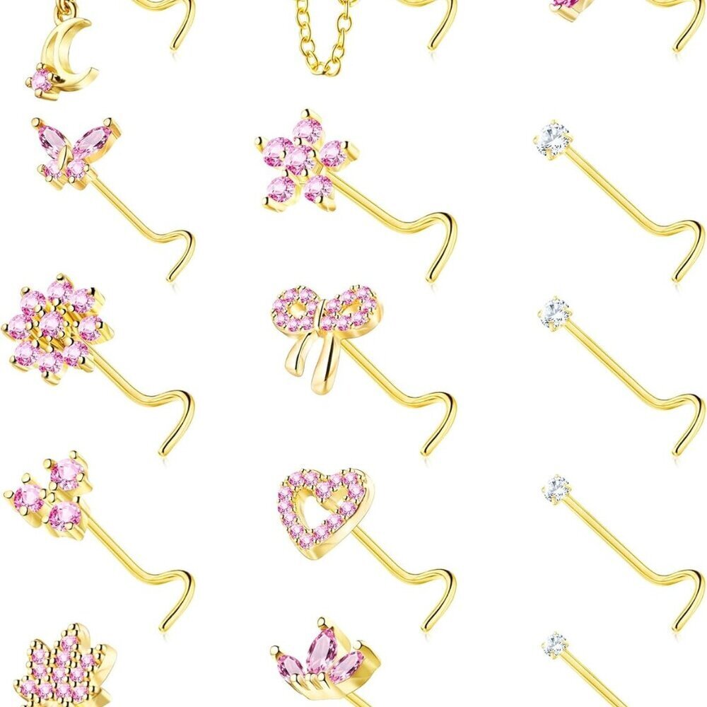 Nose Rings Corkscrew Surgical Steel Pink Red Cz Heart Butterfly Jewelry